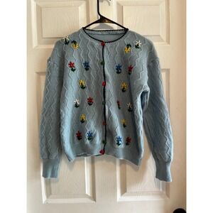 Wool Blend Embroidered Floral Knit Cardigan Sweater Cottagecore Heart Buttons